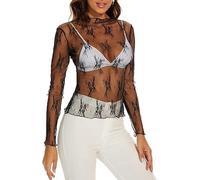 GIIWAKI - Haut en maille pour femmes à manches longues avec col cheminant et broderie florale transparente - Top à superpositions pour club, M
