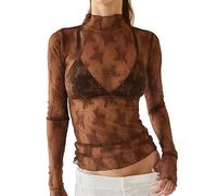 GIIWAKI - Haut en maille pour femmes à manches longues avec col cheminant et broderie florale transparente - Top à superpositions pour club, XL