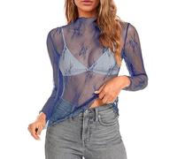 GIIWAKI - Haut en maille pour femmes à manches longues avec col cheminant et broderie florale transparente - Top à superpositions pour club, L