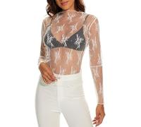 GIIWAKI - Haut en maille pour femmes avec manches longues superposables, col cheminant, broderie florale, transparent, à voir à travers, tee-shirt, blouse, vêtement de club, M