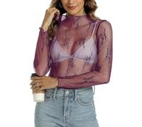 GIIWAKI - Haut en maille pour femmes avec manches longues superposables, col cheminant, broderie florale, transparent, à voir à travers, haut en T-shirt, blouse pour soirée, M