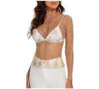 GIIWAKI - Haut en maille pour femmes avec manches longues superposées, col cheminant, broderie florale, transparent, à voir à travers, tee-shirt, blouse, vêtement de club, XL