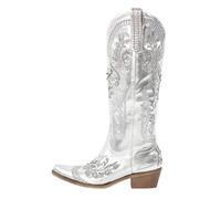 GIJMZY Botte Cowboy Femme Bottes de cowboy western blanches brodées à bout pointu for femmes, bottines à talons carrés et à enfiler(Color1,9.5)