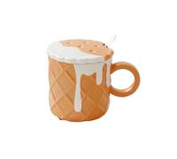 GIJMZY Tasse à Café Tasse à café en céramique 400 ml avec couvercle et cuillère, motif biscuit, idéale for l'été et l'hiver(Orange)
