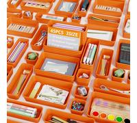 Giklux Lot de 45 Organisateur Tiroir 3 Tailles, Boite Rangement Plastique Tiroir Salle de Bain, Separateur Tiroirs Rangement pour Coiffeuse, Cuisine, Maquillage, Boîte Bac de Rangement Tiroir, Orange