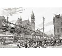 Gilbert Elevated Railroad New York City États-Unis d'Amérique. L'image d'un artiste non identifié de l'édition du 25 mai 1878 du journal illustré de Frank Leslie montre le premier train sur la piste