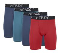 Gildan Men's Cotton Stretch Boxer Brief, Multipack, Blue Cove/Hawaiian Blue/Heather Red Mark (4-Pack), Medium