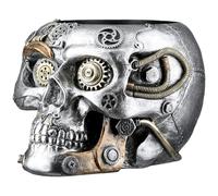 GILDE Cache-Pot Steampunk Skull Planter - Résine synthétique - Hauteur 14 cm x Largeur 18 cm - Argent - Finition Antique - Motif Engrenages - Crâne
