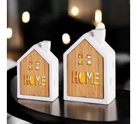 GILDE Deko Lot de 2 maisons lumineuses blanches - Petites maisons blanches - Maison lumineuse LED - Maison en céramique blanche - Avec bois et inscription Home - Hauteur 14/17 cm
