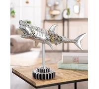 GILDE Figurine Steampunk Shark en résine argentée vieillie avec engrenage 30 cm de Haut, 38 cm de Large, 12 cm de Profondeur