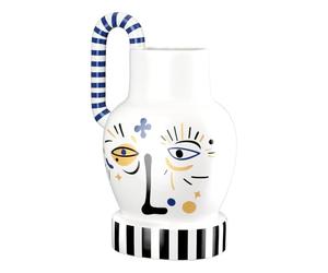 GILDE Fira Vase à Anse, en céramique, Blanc, Hauteur 36 cm x Largeur 24 cm, avec Motif Visage, Vase décoratif imperméable