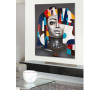 GILDE Grand tableau mural décoratif pour salon - Motif femme - Rectangulaire - Aspect 3D - Gris multicolore - 90 x 120 cm