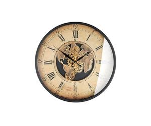 GILDE Horloge Murale - Métal - Rond - Diamètre 60 cm - Motif Carte du Monde et Roues dentées - Crème cuivrée - Piles Non incluses dans la Livraison