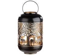 GILDE Lanterne en métal - Décoration de Noël Motif forêt cerf - Couleur : extérieur Noir intérieur doré - Hauteur 38 cm