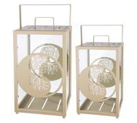 GILDE Lot de 2 lanternes Balance en Verre et métal - Hauteur 48 cm x Largeur 25 cm - Rectangulaire - Beige Mat - Motif Arbre - Yin & Yang