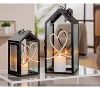 GILDE Lot de 2 lanternes en Verre et métal - Hauteur : 32 cm - Noir Mat - striées - Forme de Maison - Motif cœur