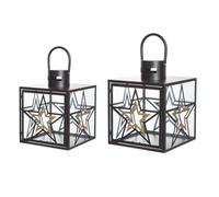 GILDE Lot de 2 lanternes Modernes Star - Verre et métal - Rectangulaire - Motif étoile - Noir Mat - 2 Tailles