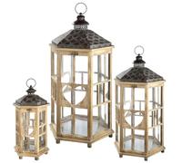 GILDE Lot de 3 lanternes Corazon en Bois - Marron - Hexagonales - Hauteur 78 cm x Largeur 39 cm - Toit en métal