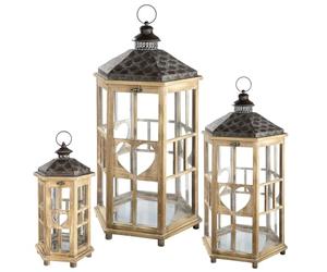 GILDE Lot de 3 lanternes Corazon en Bois - Marron - Hexagonales - Hauteur 78 cm x Largeur 39 cm - Toit en métal