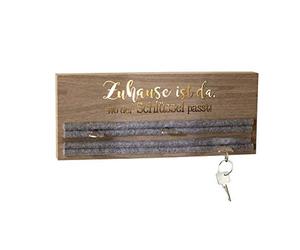 GILDE Plaque à clés décorative moderne pour le mur avec inscription en allemand - En bois MDF marron avec insert en feutre gris - Porte-clés - Longueur : 34 cm