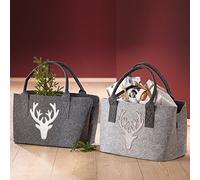 GILDE Sac en feutre Motif cerf à paillettes Gris avec lanières pour journaux Shopping Panier en bois Env. 26 x 44 cm