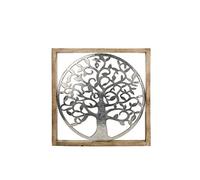 Gilde Tableau décoratif XXL - Arbre de vie en aluminium - Avec cadre en bois - 60 x 60 cm - Décoration murale pour salon - Couleurs : argenté marron