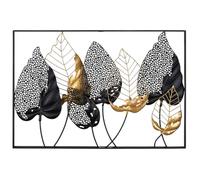 Gilde Tableau décoratif XXL Feuilles - Décoration murale rectangulaire en métal - Décoration de salon - Couleurs : noir, doré, argenté - 95 x 65 cm