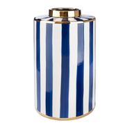 GILDE Vase Elio - Céramique - Cylindrique - Émaillé - Rayé - Bleu/Blanc - Hauteur 40 cm x Ø 20 cm - Patins en Feutre et Vase étanche