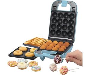 GILES & POSNER 3-en-1 Mini Treat Maker - Beignets, Cake Pops, Gaufrier Machine, Plaques de Cuisson Antiadhésives Amovibles, Facile à Nettoyer, Compacte, Pâtisserie pour Enfants, Sorbet, Bleu Pastel