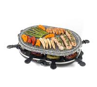Giles & Posner Grill à raclette de table 1200 W avec pierre | 8 poêlons antiadhésifs, 8 spatules en bois, plaque amovible 43 x 30 cm, température réglable, voyant lumineux
