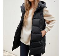 Gilet à capuche noir pour femme, design mi-long, style sans manches, rembourré avec isolant synthétique garni de duvet. Manteau d'hiver, veste d'hiver. Vêtements automne/hiver 2024 nouvelle collection