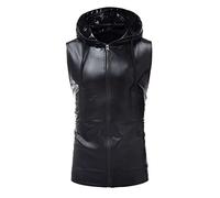 Gilet à capuche sans manches style hipster métallique pour homme avec poche en similicuir et col montant, Noir , L