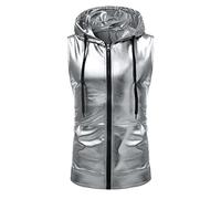 Gilet à capuche sans manches style hipster métallique pour homme avec poche en similicuir et col montant, Argenté., XL