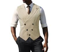 Gilet à carreaux pour homme - Coupe ajustée - Col à revers - Pour smoking ou costume de mariage, Gilets beige pour homme, L