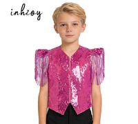 Gilet à franges pour enfants (filles et garçons) style hippie, vêtements de danse disco jazz moderne, gilet sans manches à sequins et pompons, tenue de spectacle chorale Hot Pink