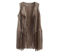 Gilet à franges pour femme des années 70 - Gilet sans manches vintage hippie - Gilet long à franges - Style ethnique - Veste unie - Veste mi-saison - Veste mi-longue, beige, XXL