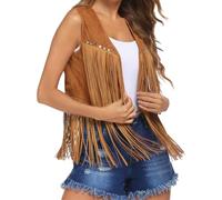 Gilet à franges pour femme, sans manches, imitation daim avec pompons, cowgirl, style western vintage, rivets ouverts sur le devant, gilets d'extérieur, jaune, L