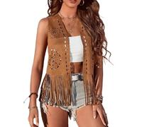 Gilet à franges style hippie années 70 sans manches pour femme - Style western cowgirl - Imitation daim - Pompons - Vêtements d'extérieur - Cardigan streetwear, Marron C, XL