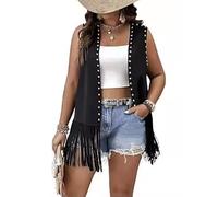 Gilet à franges tendance pour femme - Gilet vintage sans manches - Cardigans modernes, Noir , M
