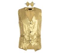 Gilet à Paillette Homme Veste Costume sans Manches Slim Fit Gilet Blazer Brillant pour Soirée Disco Mariage Cérémonie Fête Danse Party Scène Affaire + Nœud Papillon (Doré, L)