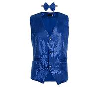 Gilet à Paillette Homme Veste Costume sans Manches Slim Fit Gilet Blazer Brillant pour Soirée Disco Mariage Cérémonie Fête Danse Party Scène Affaire + Nœud Papillon (Bleu, L)