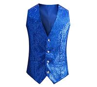 Gilet à paillettes argentées pour homme | Décontracté lumineux à col en V, pliable matelassé, bleu, XXL