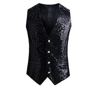 Gilet à paillettes argentées pour homme | Décontracté lumineux à col en V | Pliable matelassé, Noir, L