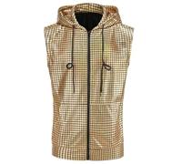 Gilet capuche brillant pour homme, T-shirt sans manches fermeture éclair avec paillettes métalliques et poche kangourou, Chemise de fête paillettes brillantes, disco des années 70-80 pour nightclub