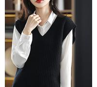 Gilet Cardigan Femme,Pull en Laine pour Femme Tempérament Noir Câble Côtelé Jacquard Col en V sans Manches Pull Gilets Hiver Élégant Lâche Doux Pulls en Tricot Débardeur Cami Gilet,L