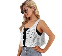 Gilet cardigan sans manches ouvert sur le devant en dentelle florale au crochet avec bordure bohème pour femme (Blanc-Court, taille unique)