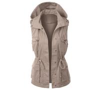 Gilet cargo sans manches pour femme - Veste d'extérieur à capuche - Veste de survêtement - Grandes tailles - Gilet pour femme - Gilet de safari décontracté avec cordon de serrage - Couleur unie