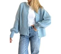 Gilet Col Rond Femme Cardigan en Tricot Court à Manches Longues Pull Veste Boutonnée Casual Vêtement d’éxtérieur Hiver Chaud (Bleu, M)