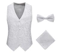 Gilet Costume Homme Paisley Mariage Ensemble de nœud papillon et mouchoir Jacquard Gilets sans Manche pour Fête Mariage Formel Business,Blanc,XL