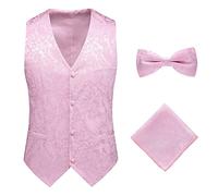 Gilet Costume Homme Paisley Mariage Ensemble de nœud papillon et mouchoir Jacquard Gilets sans Manche pour Fête Mariage Formel Business,Rose,M